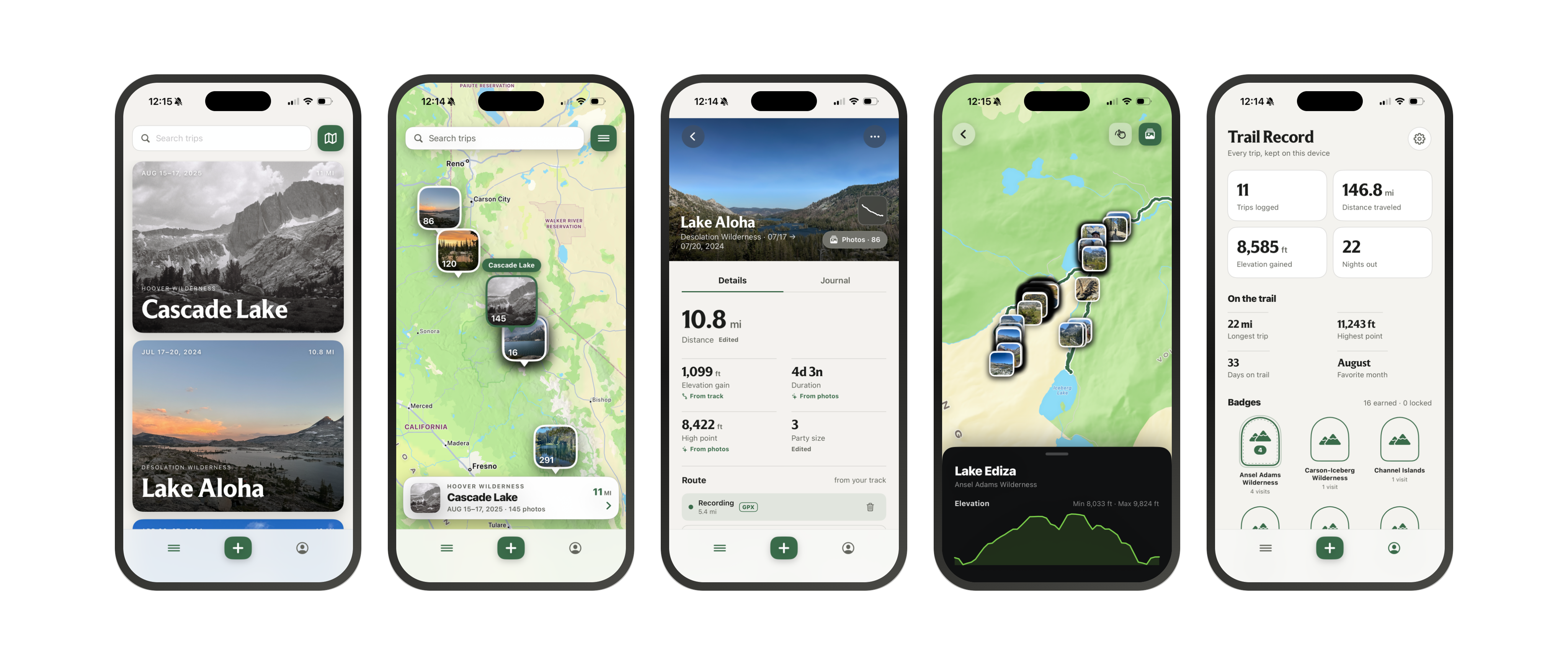 Five Monolog screens: the trip list, photos clustered on a map, a trip entry with its stats, a route with its elevation profile, and the Trail Record summary.