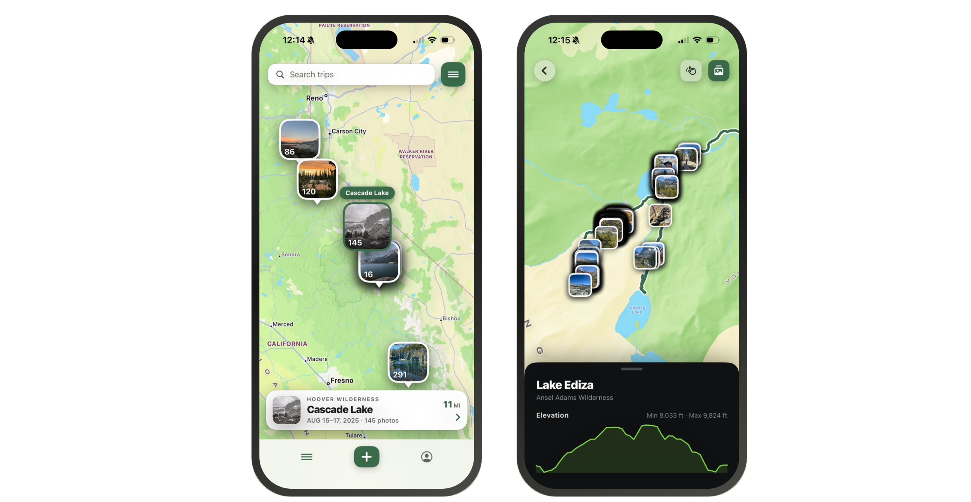 Two Monolog map screens: photos clustered across a statewide topo map, and a single trip's photos placed along its route with an elevation profile.