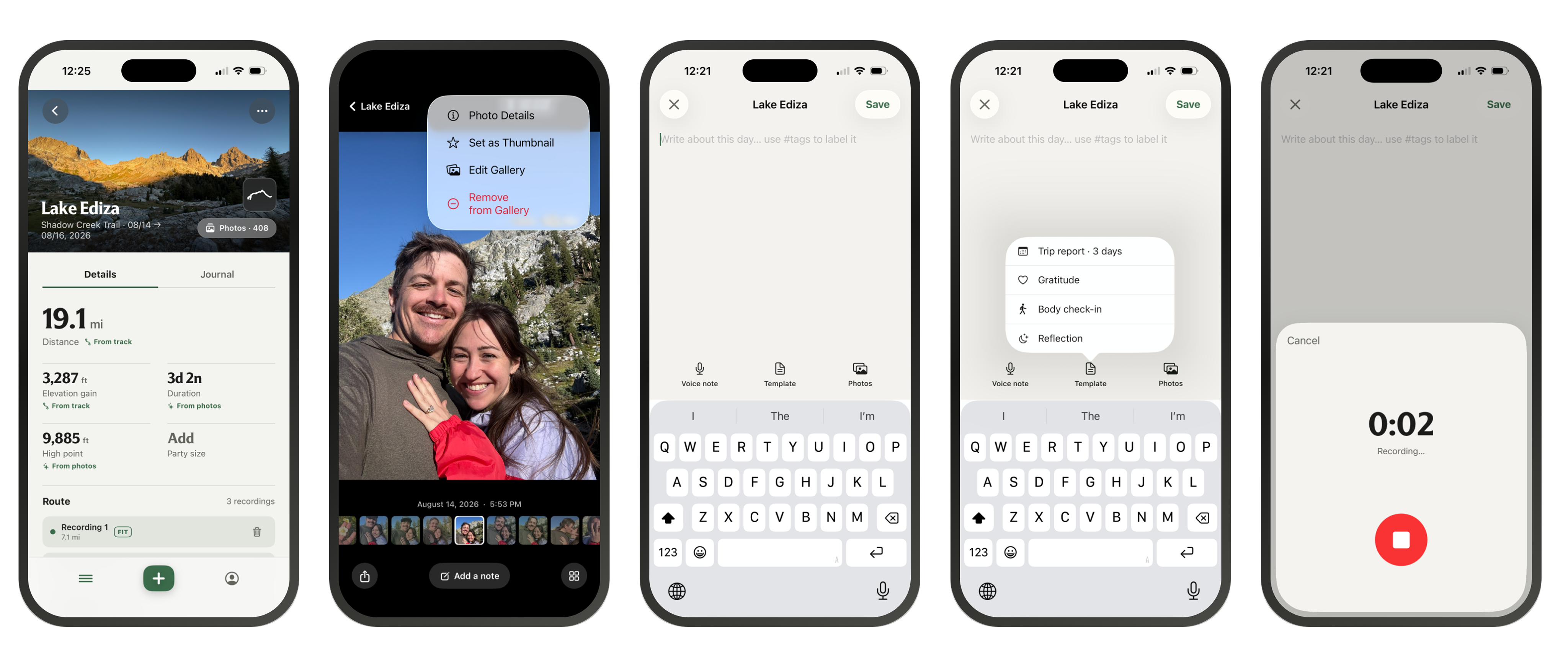 Five screens of a trip entry: the stats and route, a photo with its options, the journal field, note templates, and a voice note being recorded.