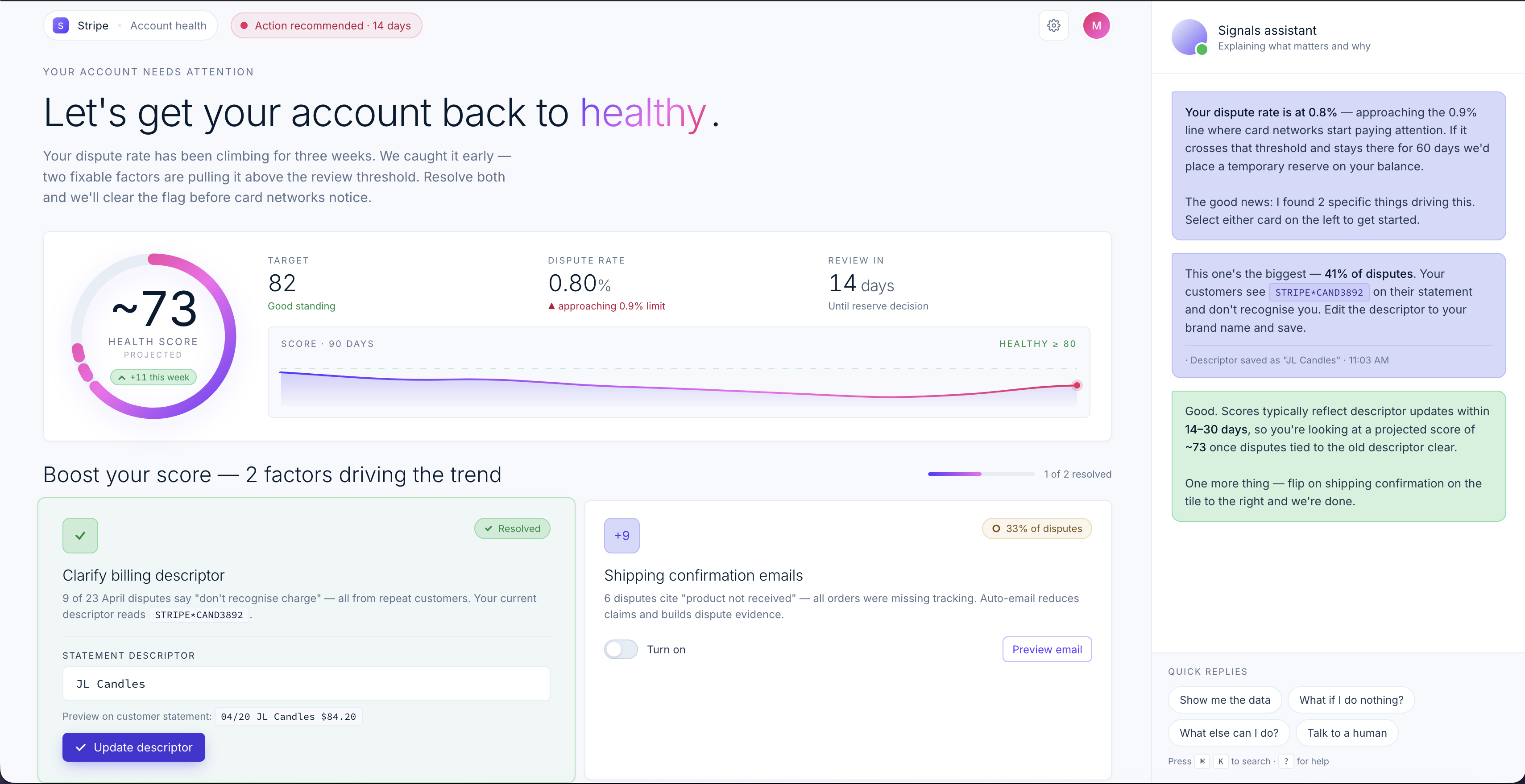 Stripe Signals diagnose and fix view